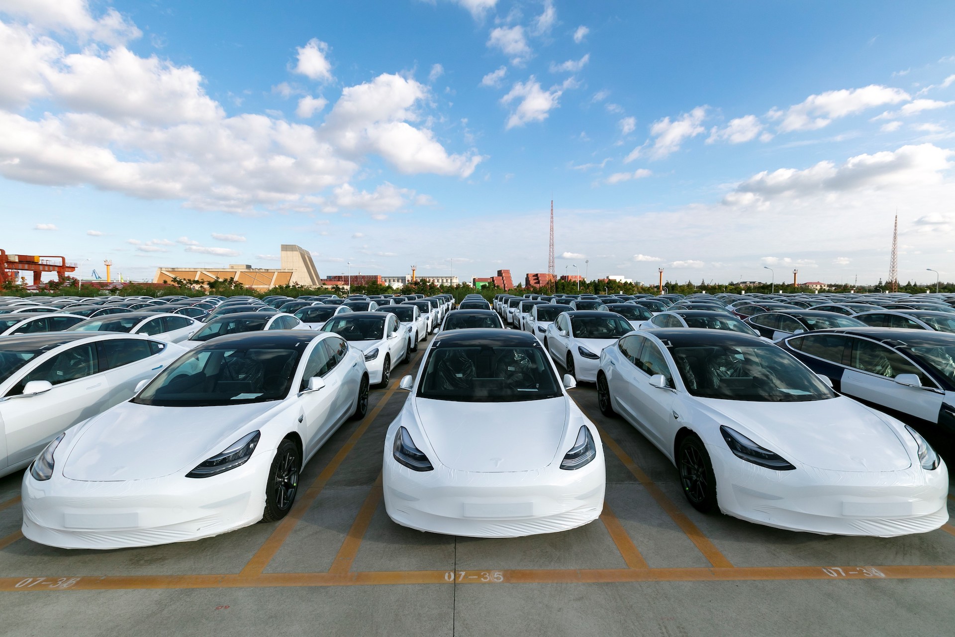 An image of several Tesla Model 3's parked outside.