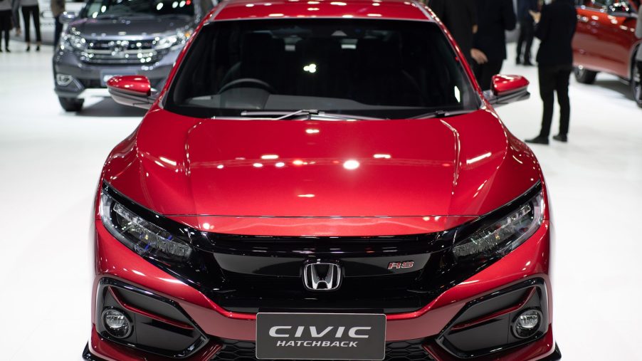 Red Honda Civic Hatchback 2020 on display during the Thailand International Motor Expo 2020