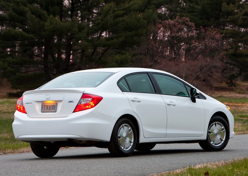 a rear shot of a white 2012 Honda Civic HF
