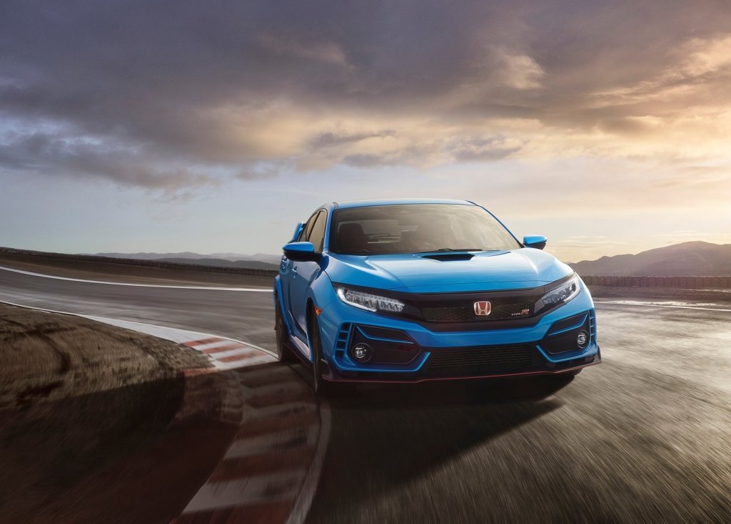 a blue 2021 Honda Civic Type R on a track