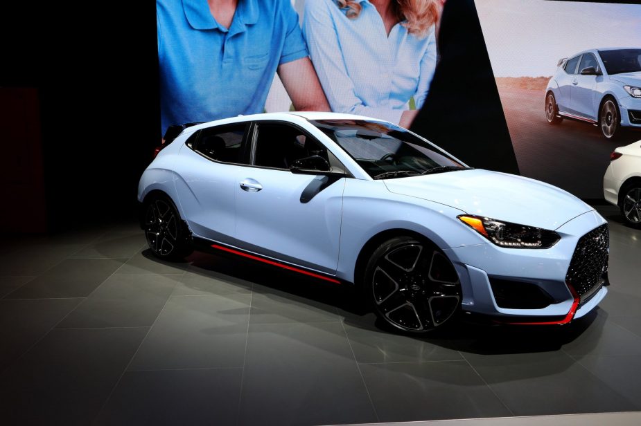 A powder blue 2018 Hyundai Veloster is on display at the 110th Annual Chicago Auto Show at McCormick Place