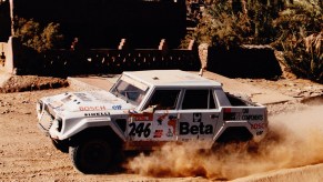 An image of a Lamborghini LM002 Rally pictured back in the 1980s.