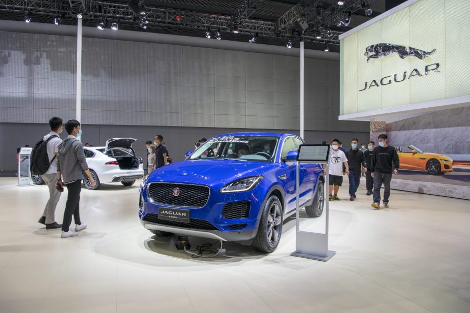 A Jaguar E-PACE sports utility vehicle (SUV) is on display during the 18th Guangzhou International Automobile Exhibition at China Import and Export Fair Complex
