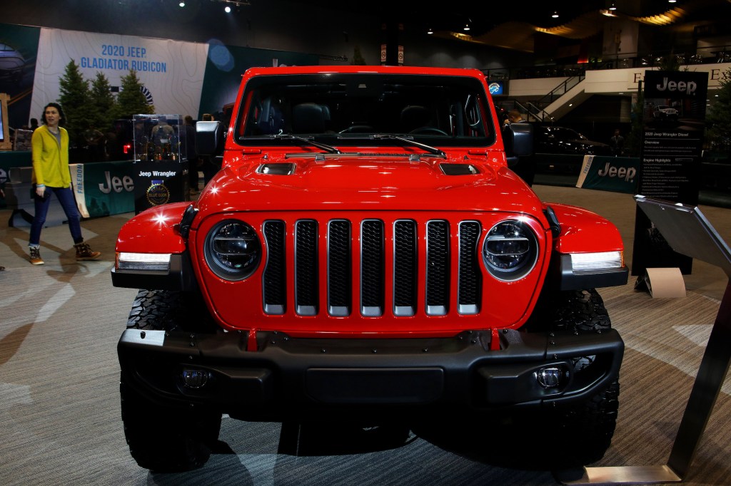Red 2020 Jeep Wrangler Rubicon is on display at the 112th Annual Chicago Auto Show at McCormick Place