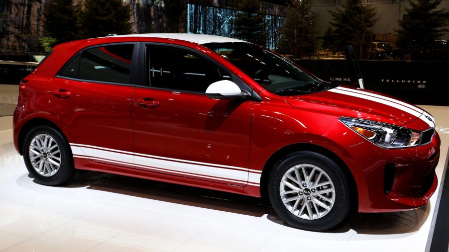 Red 2019 Kia Rio with white stripes is on display at the 111th Annual Chicago Auto Show at McCormick Place