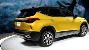 Yellow 2021 Kia Seltos SX – rival to the Hyundai Kona –is on display at the 112th Annual Chicago Auto Show