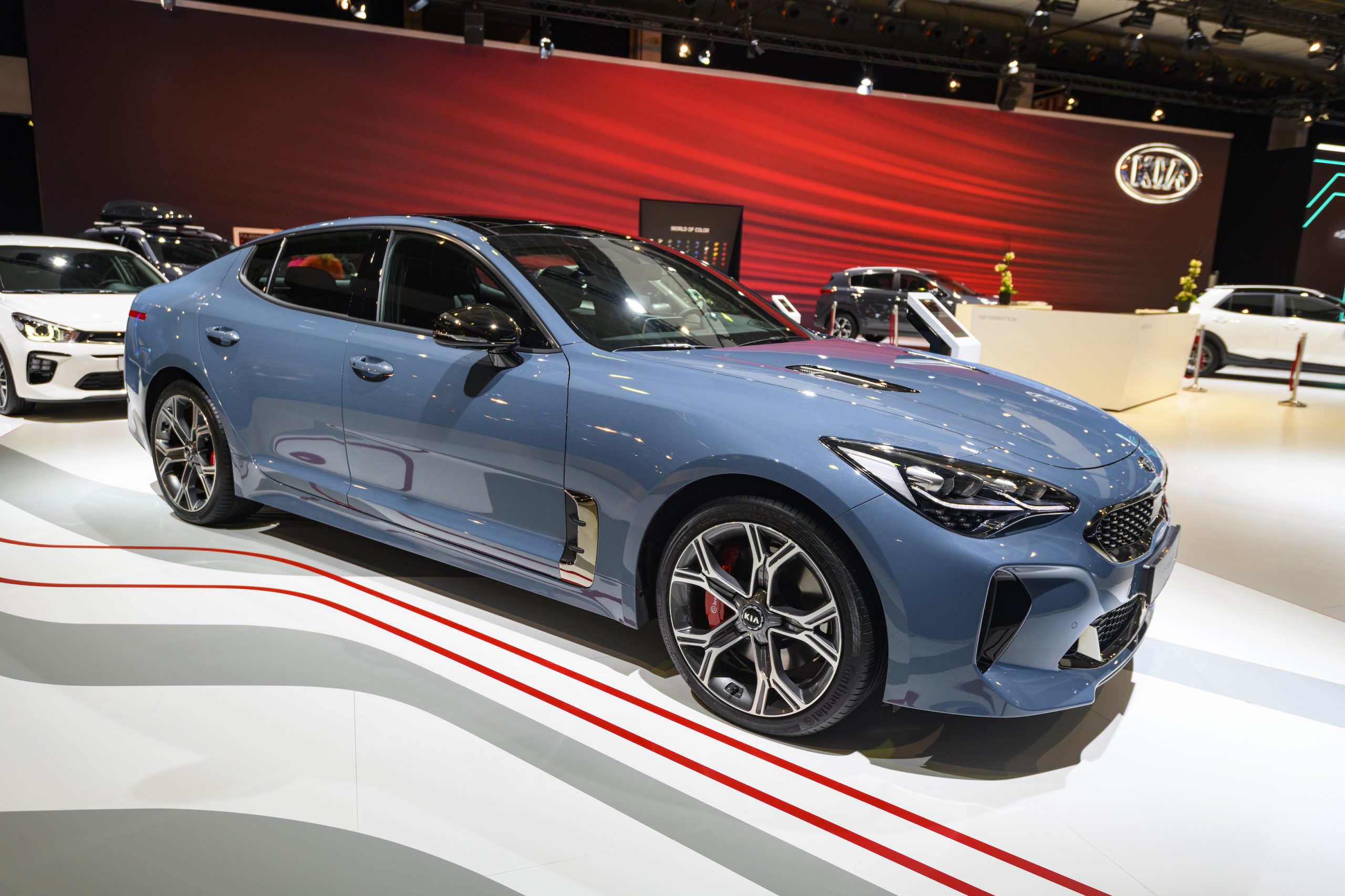 Blue Kia Stinger compact executive 4-door fastback on display at Brussels Expo