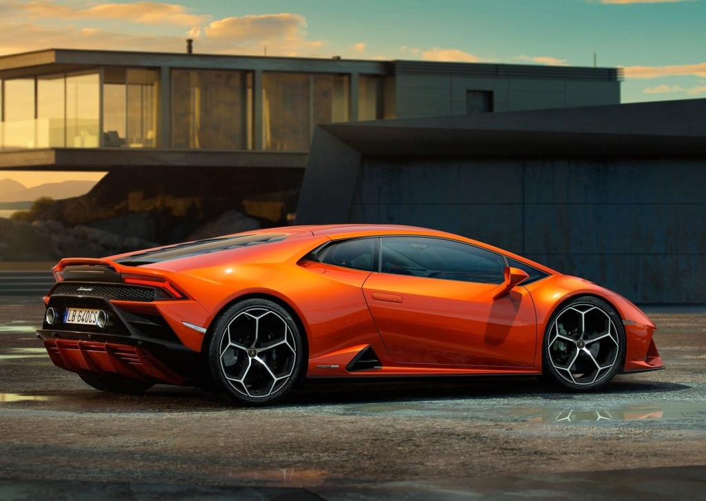 An image of an orange Lamborghini Huracan Evo parked outdoors.