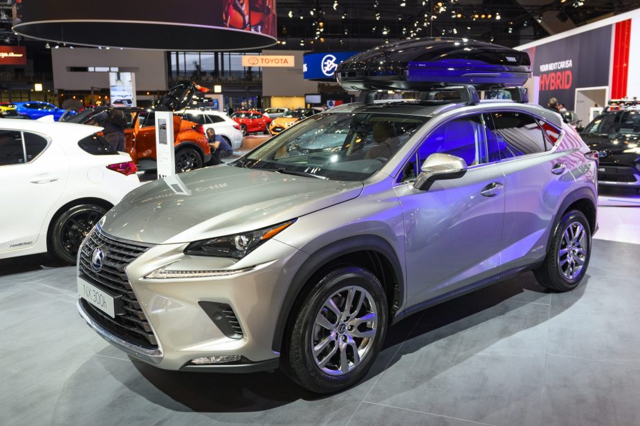 Silver Lexus NX 300h crossover hybrid SUV on display at Brussels Expo