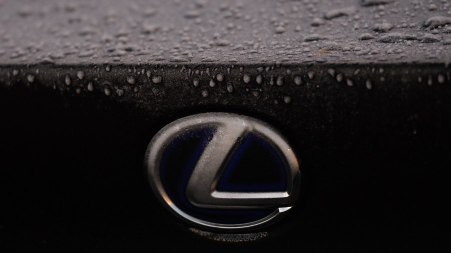 A Lexus logo on a parked black car dotted with raindrops in Dublin city center in Dublin, Ireland, on Monday, January 25, 2021