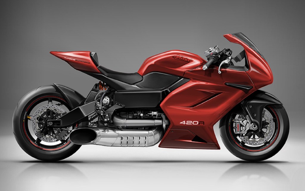 The side view of a red MTT 420 RR turbine motorcycle