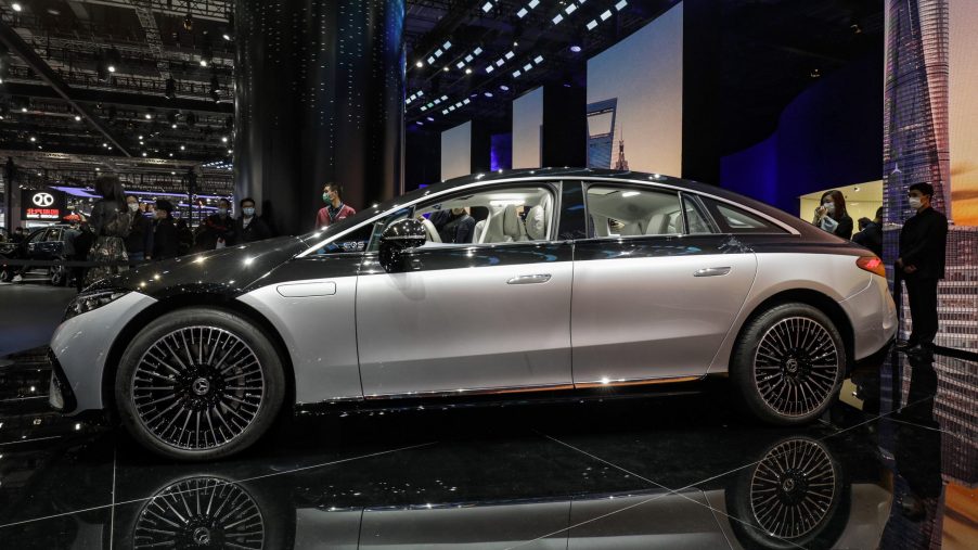 The silver Mercedes-Benz AG EQS electric sedan at the Auto Shanghai 2021 show in Shanghai, China, on Monday, April 19, 2021