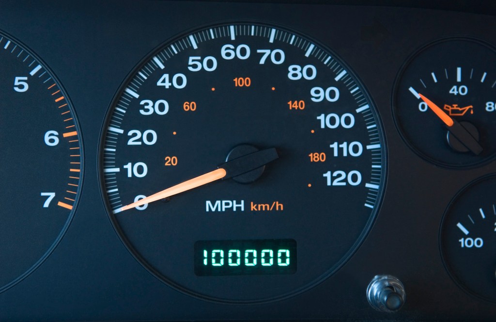An automobile odometer with 100,000 miles shown