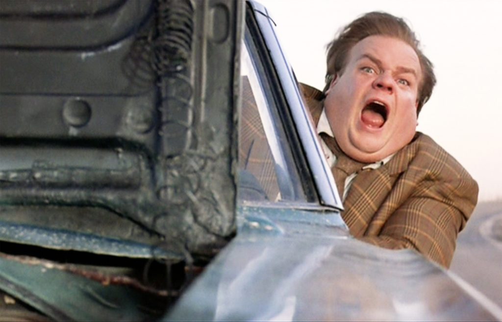 Chris Farley screaming while driving GTX convertible
