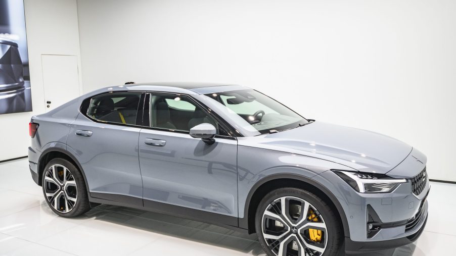 Gray Polestar 2 all-electric 5-door fastback car in grey on display at Brussels Expo