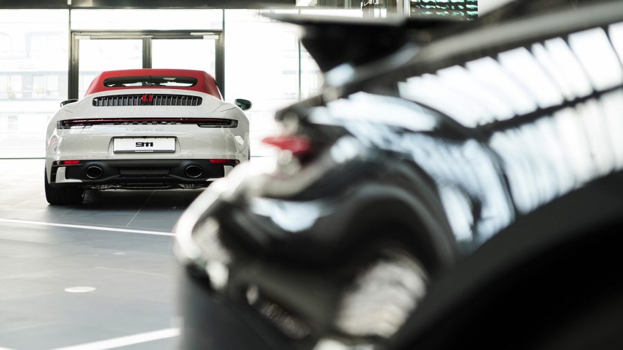 A Porsche 911 luxury automobile in the Porsche SE showroom in Dortmund, Germany