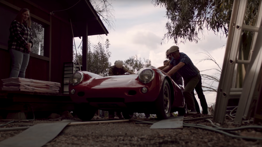 An image of a Porsche 550 Spyder that was found in a shipping container.
