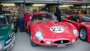 An image of an ultra-rare Ferrari 250 GTO coming out of a garage.