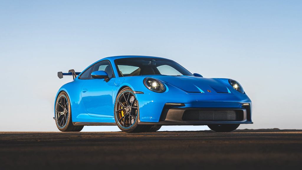 2022 Porsche 911 GT3 in Shark Blue parked on the race track