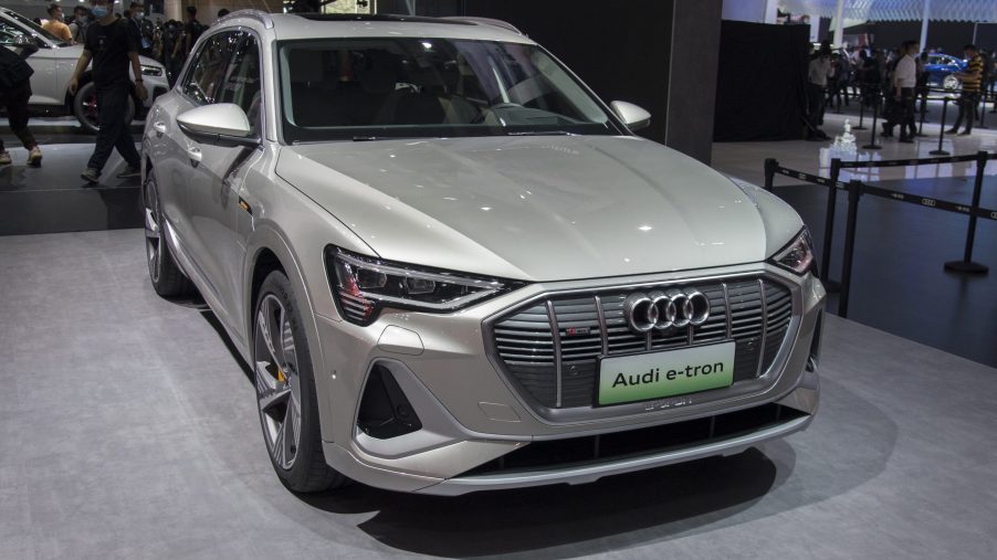 A silver Audi e-tron vehicle is on display during the 18th Guangzhou International Automobile Exhibition at China Import and Export Fair Complex