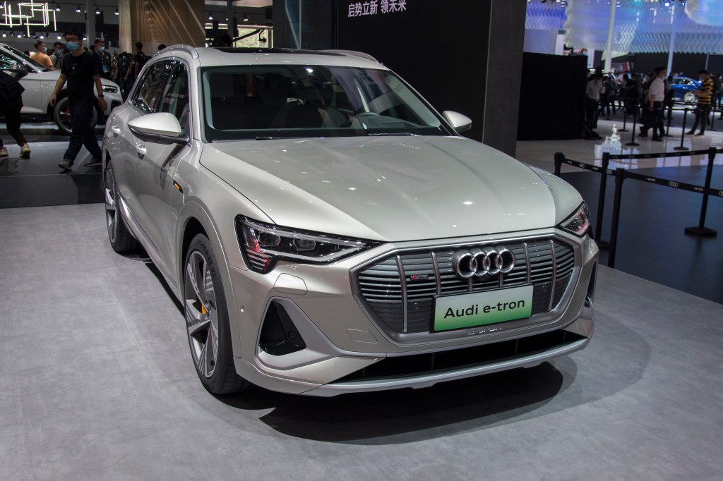 A silver Audi e-tron vehicle is on display during the 18th Guangzhou International Automobile Exhibition at China Import and Export Fair Complex