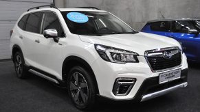 A white Subaru Forester E-boxer is seen during the Vienna Car Show press preview at Messe Wien