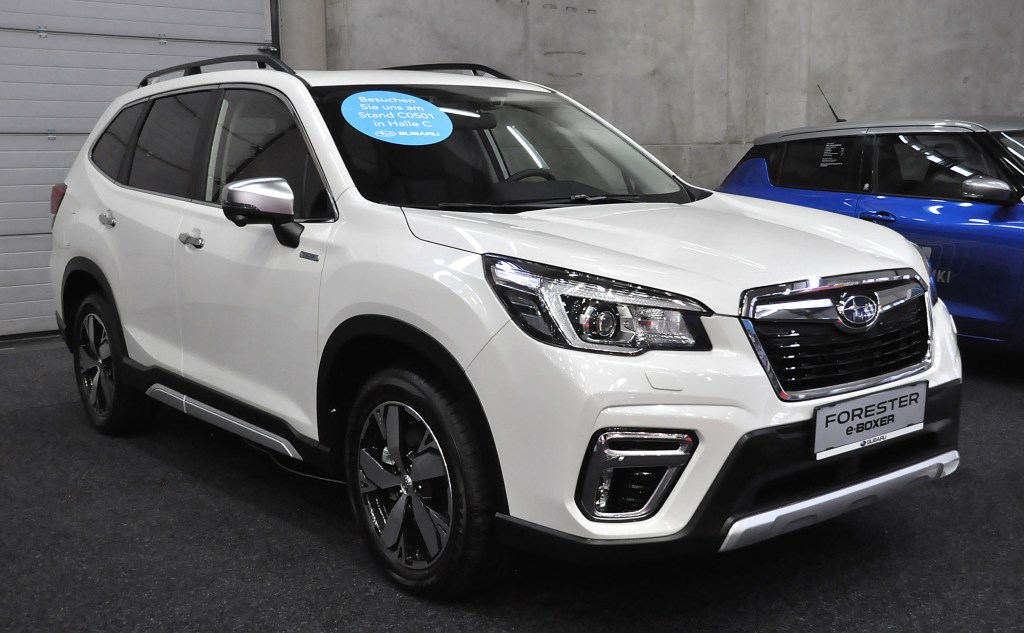 A white Subaru Forester E-boxer is seen during the Vienna Car Show press preview at Messe Wien