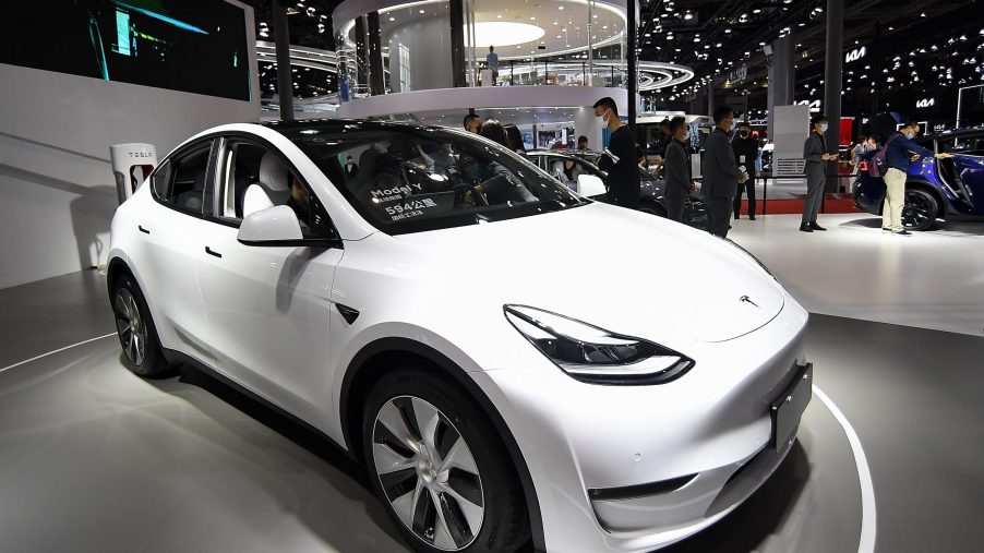 A white Tesla Model Y car is on displayed during the 19th Shanghai International Automobile Industry Exhibition