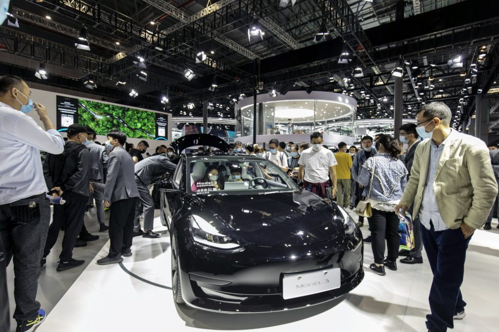 A Tesla Model 3 on display in China