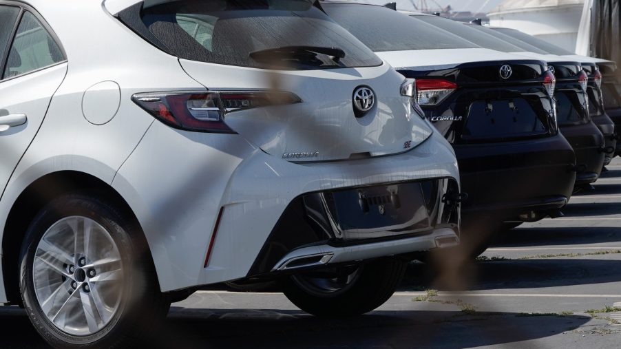 New Toyota Motor Corp. Corolla vehicles sit parked at a Toyota Logistics Services Inc. automotive processing terminal