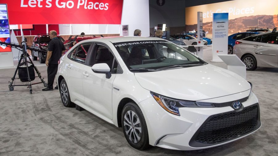 A white 2020 Toyota Corolla Hybrid that has been named the 2020 Green Car of the Year, at the 2019 Los Angeles Auto Show in Los Angeles, California