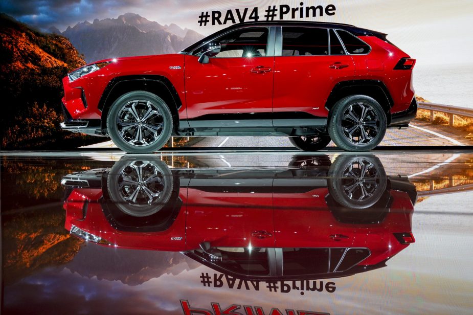 The red Toyota Motor Corp. 2021 RAV4 Prime plug-in hybrid sports utility vehicle (SUV) is displayed during a reveal event at AutoMobility LA
