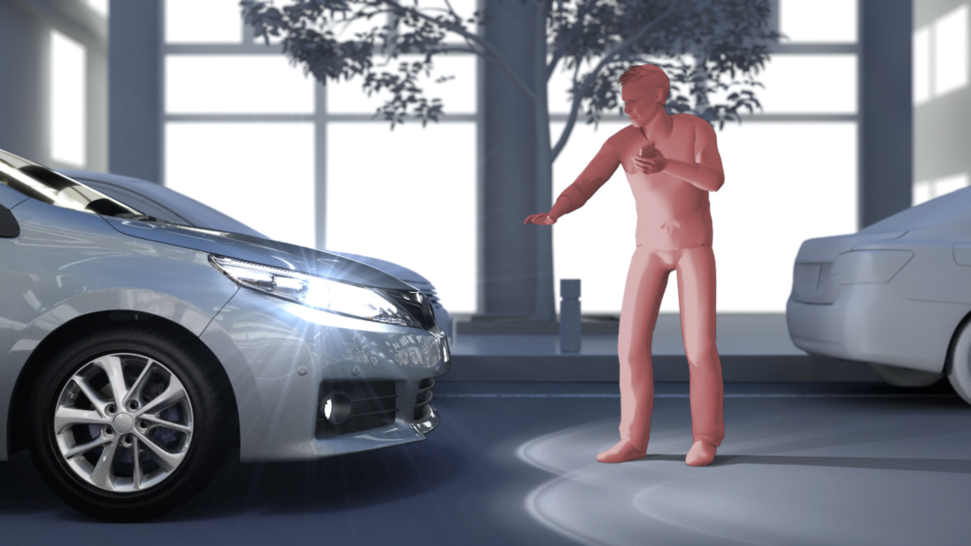A rendering of a silver car approaching a pedestrian on a city street to demonstrate a Toyota Safety Sense feature
