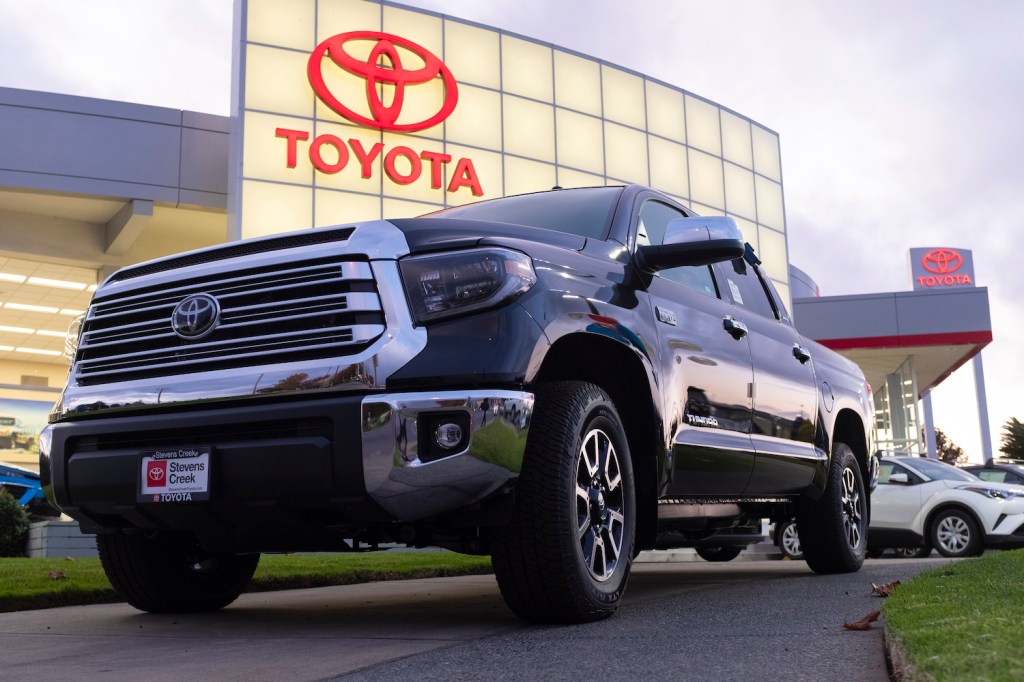 A white Toyota Tundra pickup truck is seen at a car dealership in San Jose, California.
