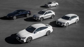 A fleet of 2021 Audi vehicles on display