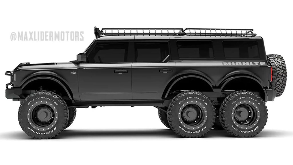 A digital image of the 2021 Ford Bronco with six wheels.