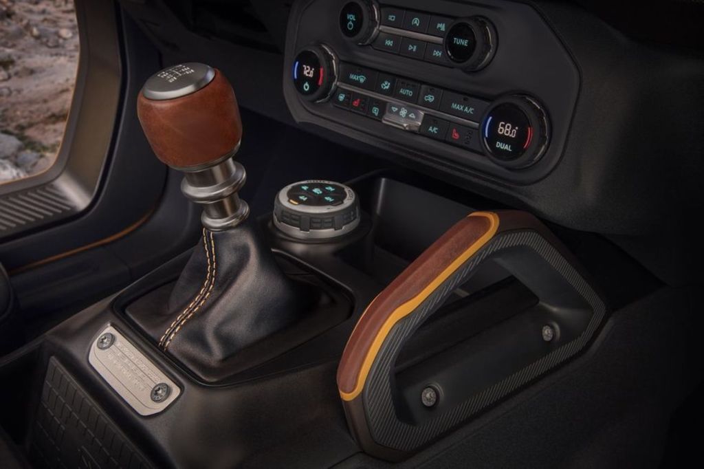 interior shot of a 2021 Ford Bronco with a stick shift