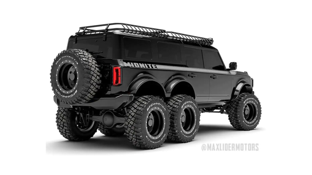 A digital image of the 2021 Ford Bronco with six wheels.