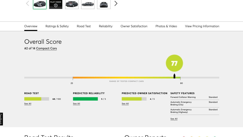 A screen shot of the ratings for the 2021 Toyota Corolla on the Consumer Reports website