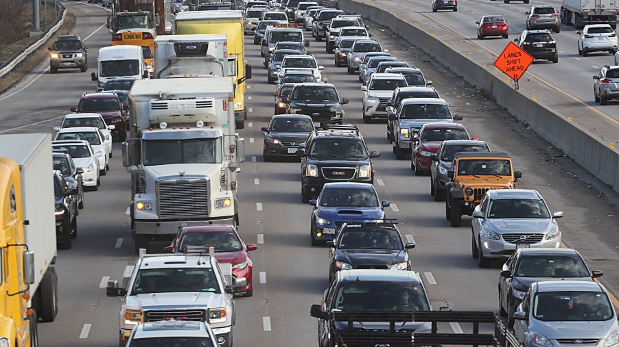 Driving anxiety can result from heavy traffic and car accidents, such as the one on this highway, Route 93 in Canton, Ohio, where a truck rolled over and the contents were spilled across the highway, causing a long traffic jam on December 7, 2020