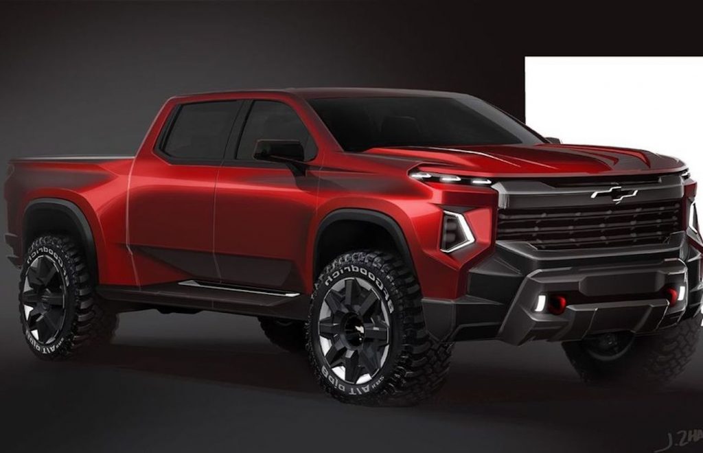 The all-new electric Chevy Silverado in red against a black back ground. The electric pickup truck is going to be a real contender. 