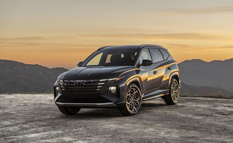 The 2022 Hyundai Tucson parked on a rock