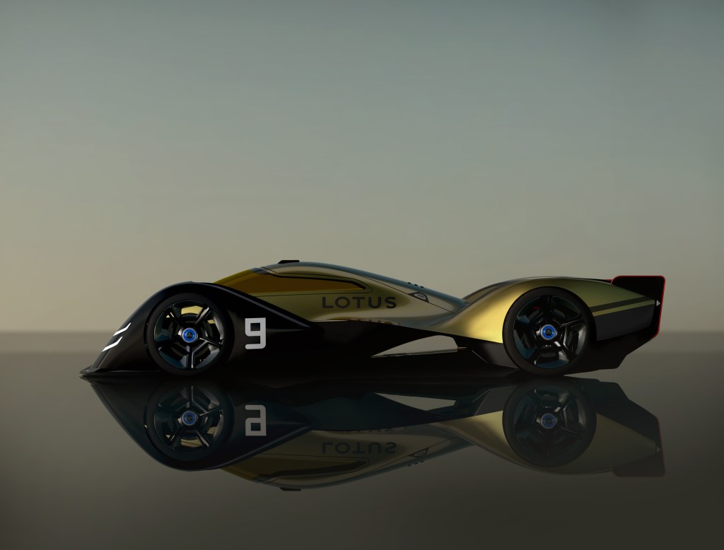 A side view of the gold and black Lotus E-R9
