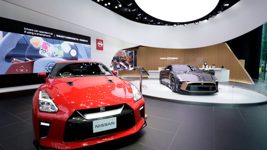 A red nissan gtr on display