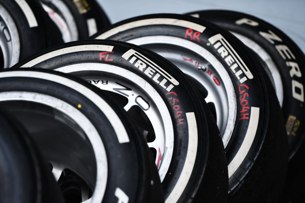 A stack of racing Pirelli tires