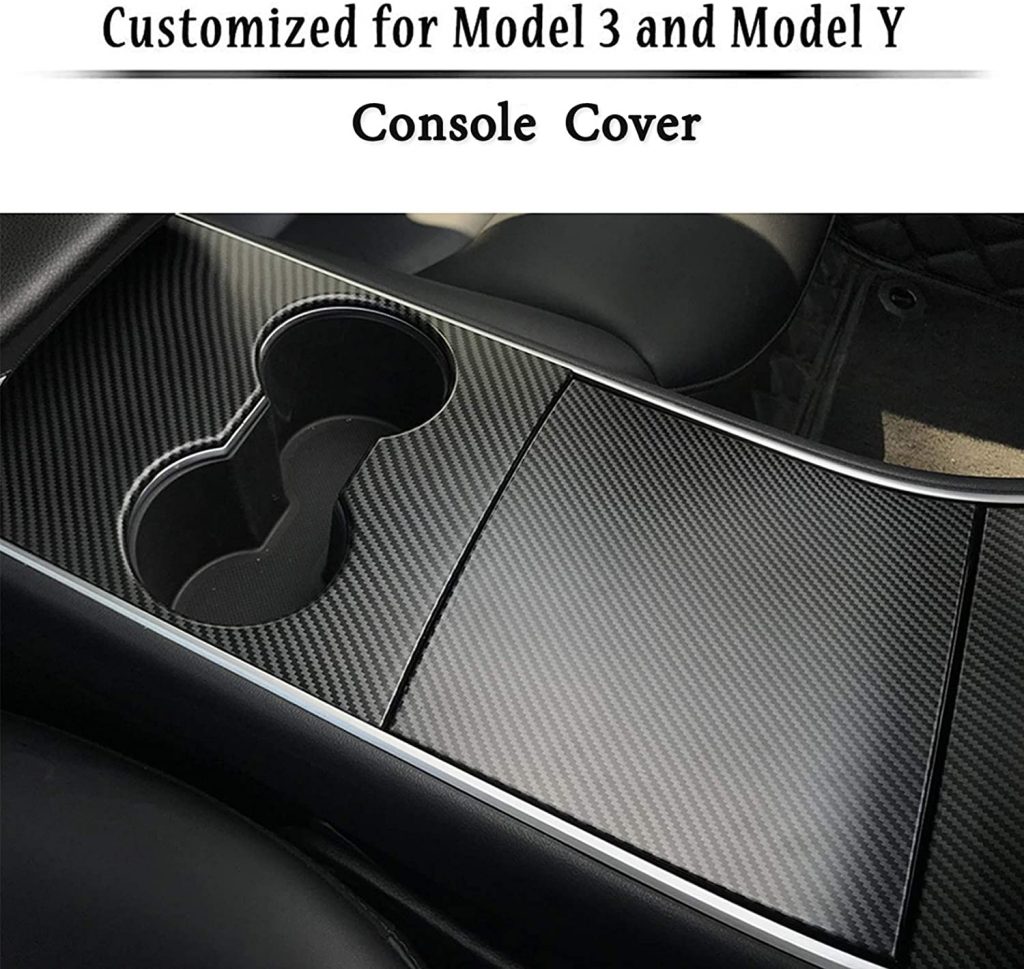 A carbon fiber center console wrap for the Tesla Model Y 