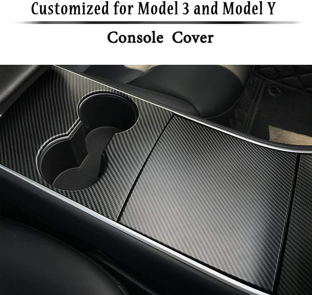 A carbon fiber center console wrap for the Tesla Model Y