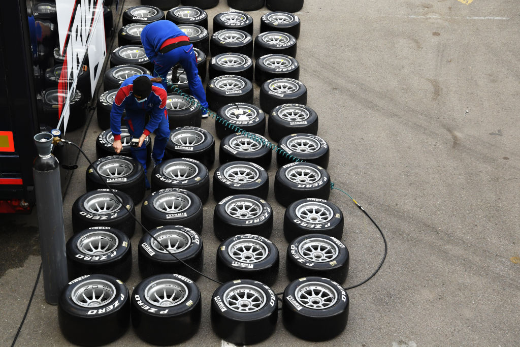An aerial view of racing tires lines up in rows