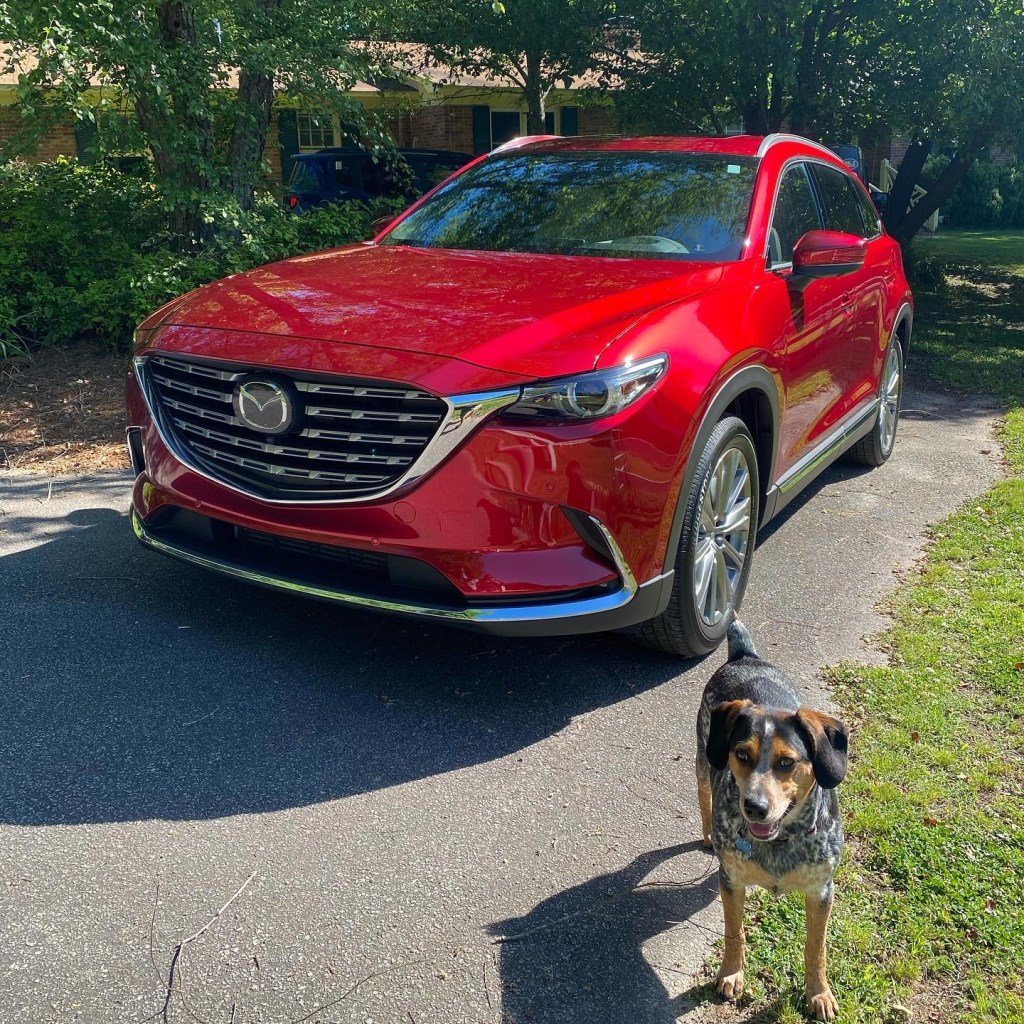 A red 2021 Mazda CX-9 parked in a drive way near an excited dog named Bruce