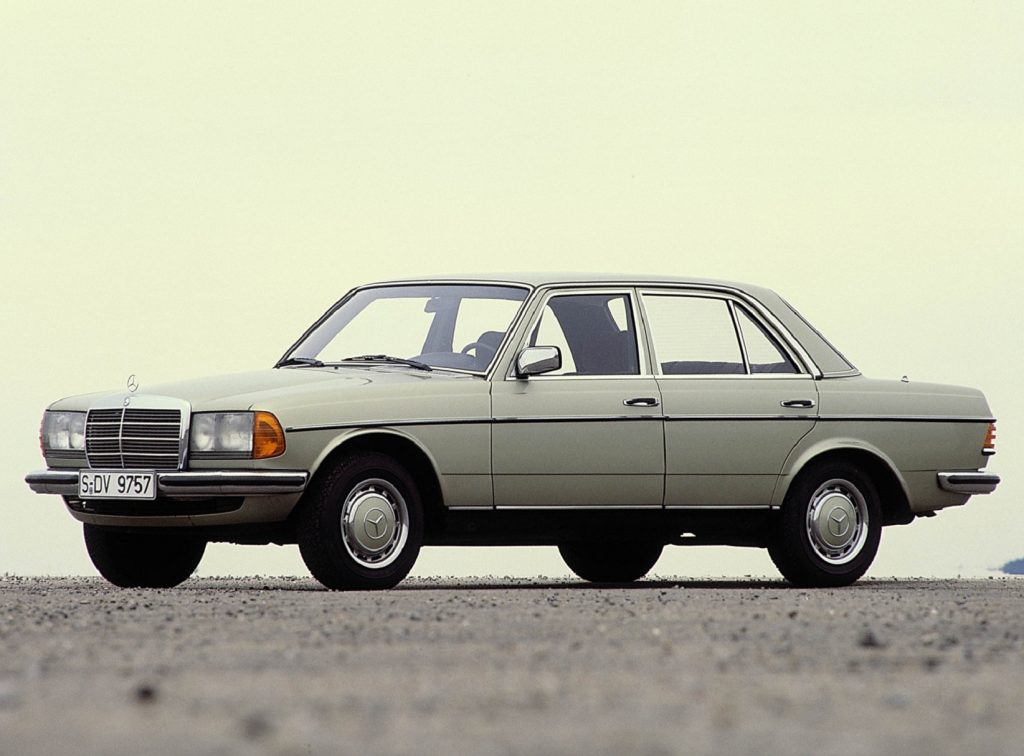 A tan 1976 W123 Mercedes-Benz 280E